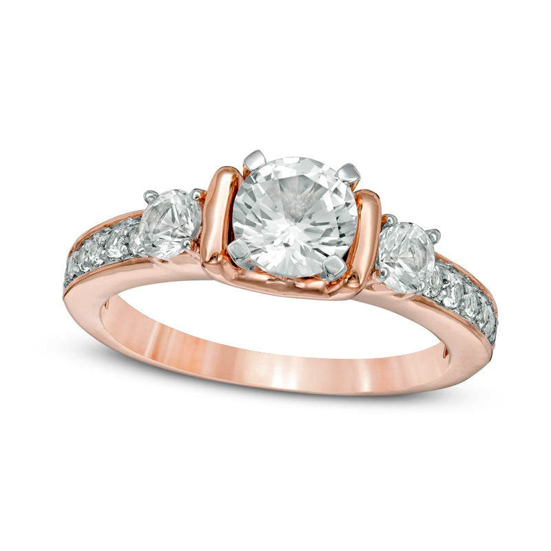 Lab-Created White Sapphire Three Stone Collar Engagement Ring in Sterling Silver with Solid 14K Rose Gold Plate