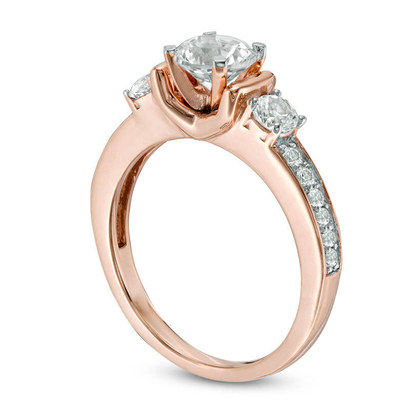 Lab-Created White Sapphire Three Stone Collar Engagement Ring in Sterling Silver with Solid 14K Rose Gold Plate