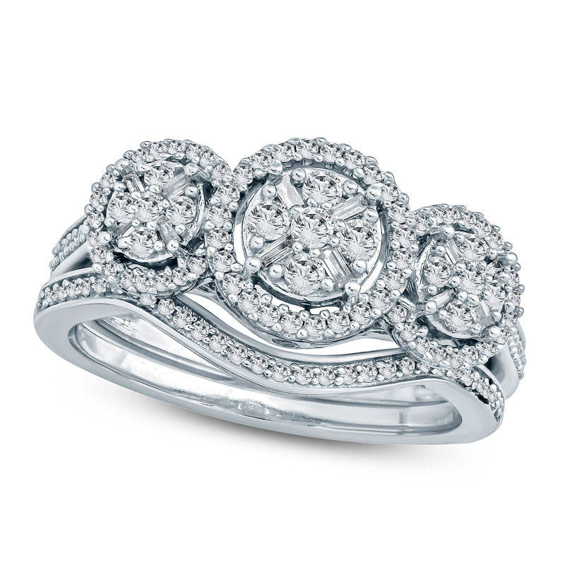 0.50 CT. T.W. Composite Natural Diamond Three Stone Frame Bridal Engagement Ring Set in Solid 10K White Gold