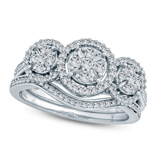 0.50 CT. T.W. Composite Natural Diamond Three Stone Frame Bridal Engagement Ring Set in Solid 10K White Gold