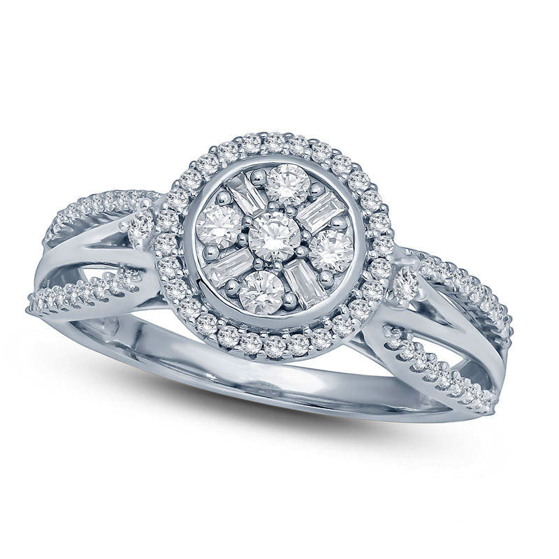 0.50 CT. T.W. Composite Natural Diamond Frame Multi-Row Split Shank Engagement Ring in Solid 10K White Gold