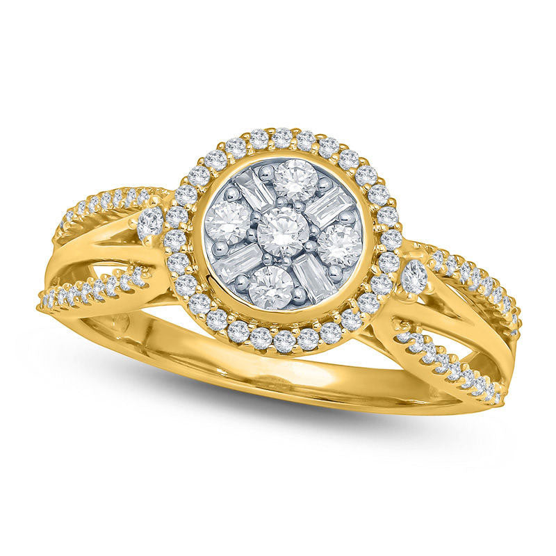 0.50 CT. T.W. Composite Natural Diamond Frame Multi-Row Split Shank Engagement Ring in Solid 10K Yellow Gold