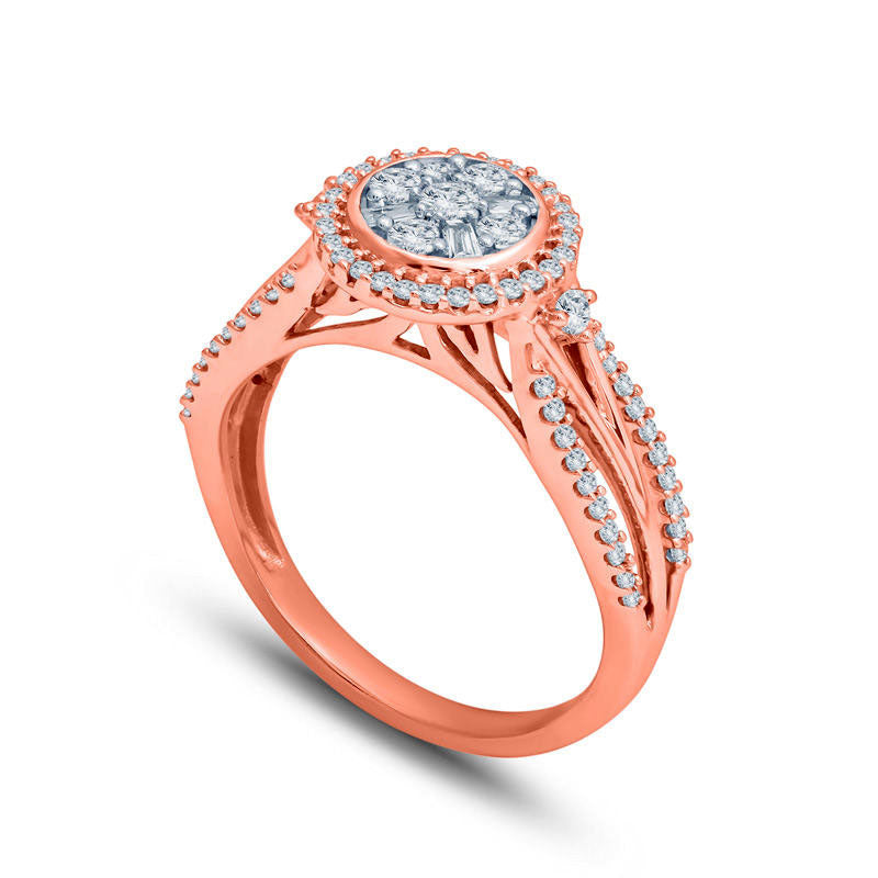 0.50 CT. T.W. Composite Natural Diamond Frame Multi-Row Split Shank Engagement Ring in Solid 10K Rose Gold