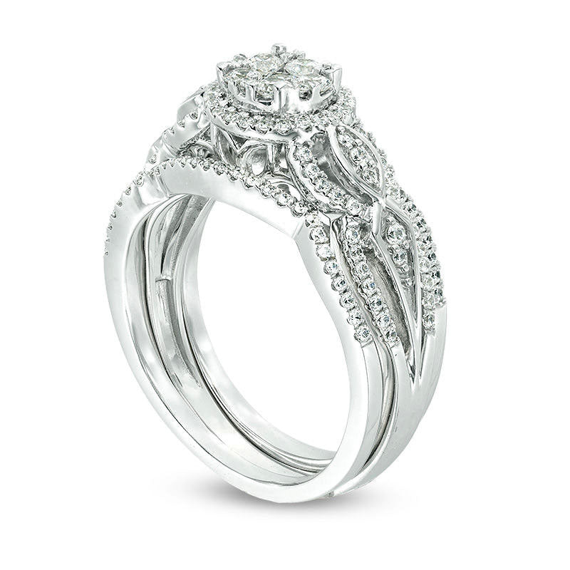 0.75 CT. T.W. Composite Natural Diamond Frame Three Piece Bridal Engagement Ring Set in Solid 10K White Gold