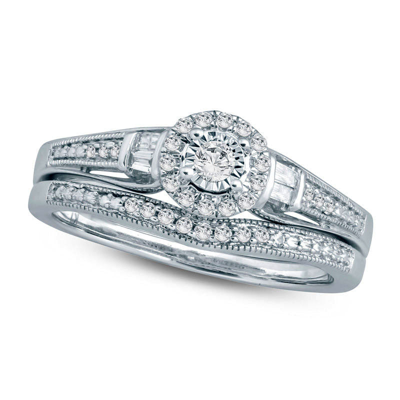 0.25 CT. T.W. Natural Diamond Frame Antique Vintage-Style Bridal Engagement Ring Set in Solid 10K White Gold