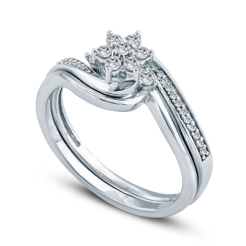 0.25 CT. T.W. Composite Natural Diamond Flower Bypass Bridal Engagement Ring Set in Sterling Silver