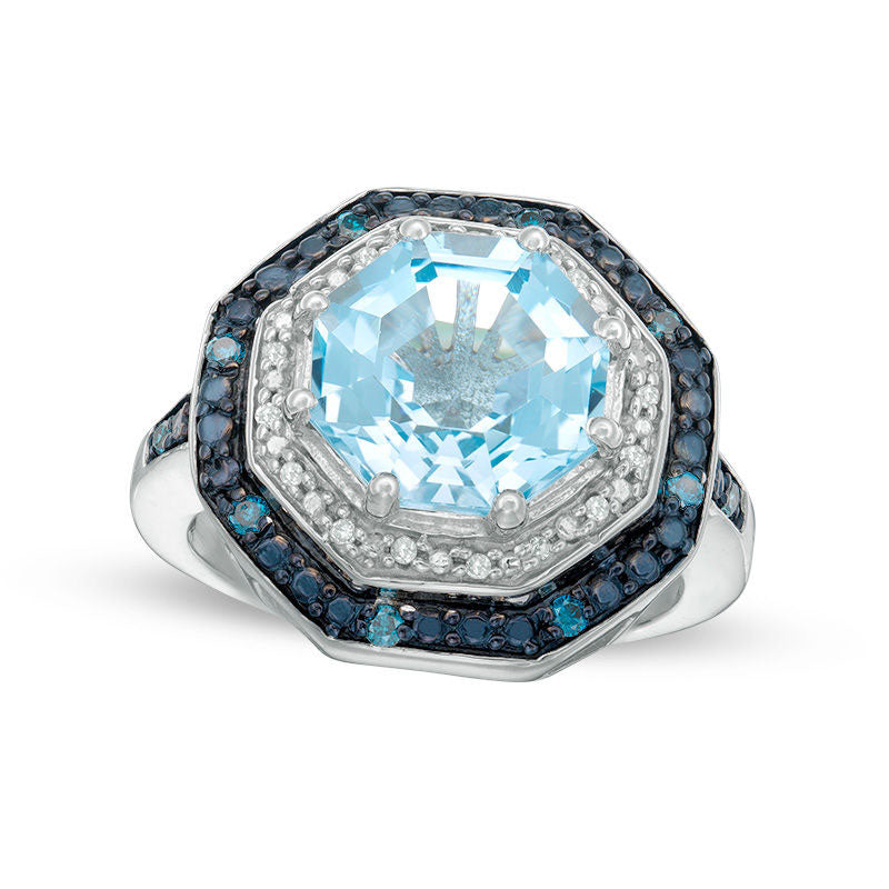 Blue Topaz and 0.17 CT. T.W. Enhanced Blue and White Natural Diamond Double Octagon Frame Ring in Sterling Silver