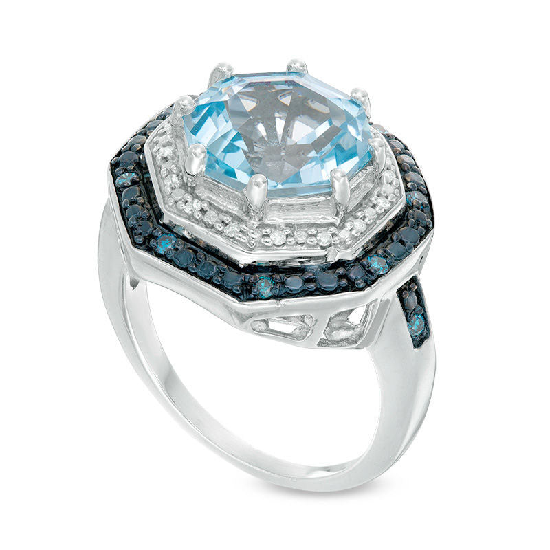 Blue Topaz and 0.17 CT. T.W. Enhanced Blue and White Natural Diamond Double Octagon Frame Ring in Sterling Silver