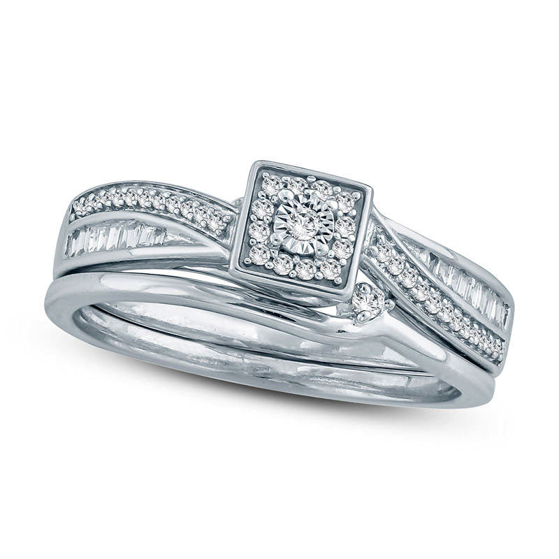 0.25 CT. T.W. Natural Diamond Square Frame Bypass Bridal Engagement Ring Set in Sterling Silver