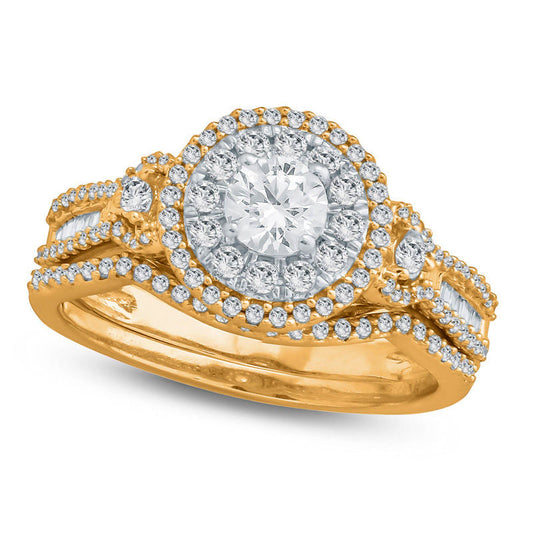 1.0 CT.T .W. Natural Diamond Double Frame Bridal Engagement Ring Set in Solid 10K Yellow Gold