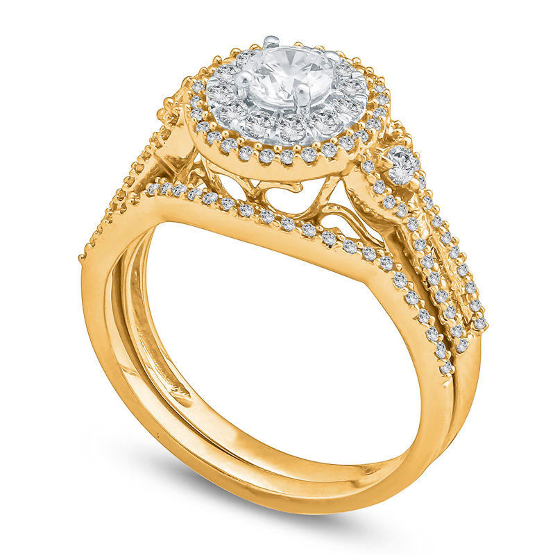 1.0 CT.T .W. Natural Diamond Double Frame Bridal Engagement Ring Set in Solid 10K Yellow Gold