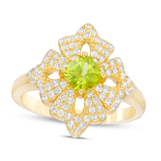 5.0mm Cushion-Cut Peridot and White Topaz Floral Ring in Sterling Silver with Solid 18K Gold Plate