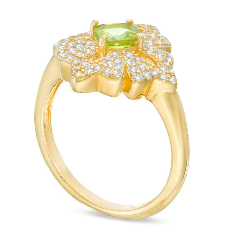 5.0mm Cushion-Cut Peridot and White Topaz Floral Ring in Sterling Silver with Solid 18K Gold Plate