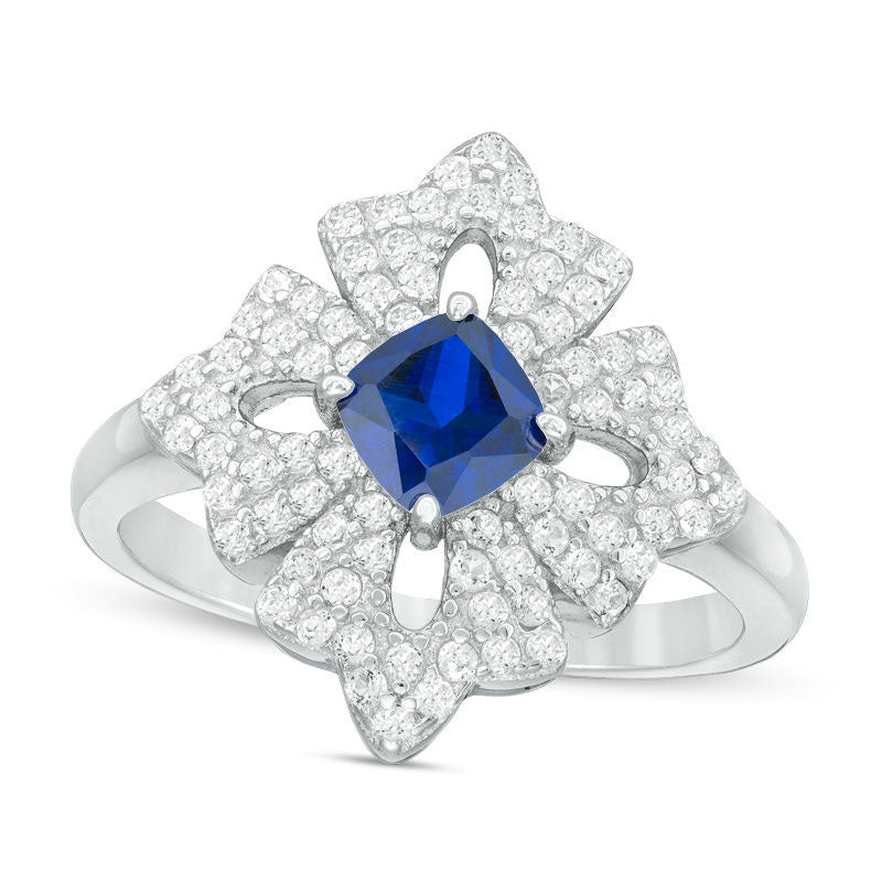 5.0mm Cushion-Cut Lab-Created Blue Sapphire and White Topaz Floral Ring in Sterling Silver