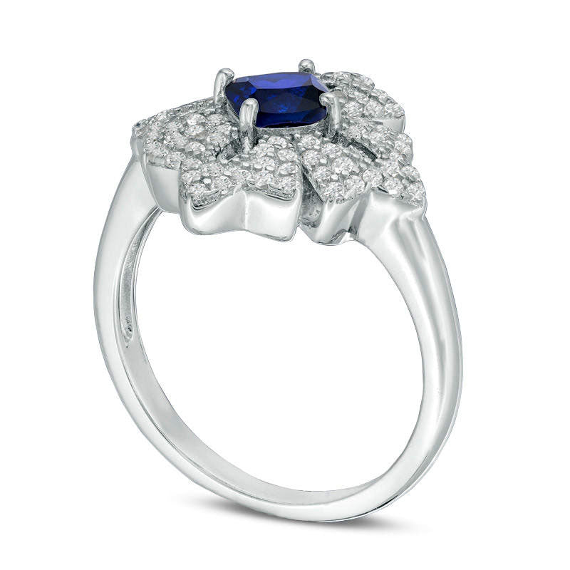 5.0mm Cushion-Cut Lab-Created Blue Sapphire and White Topaz Floral Ring in Sterling Silver