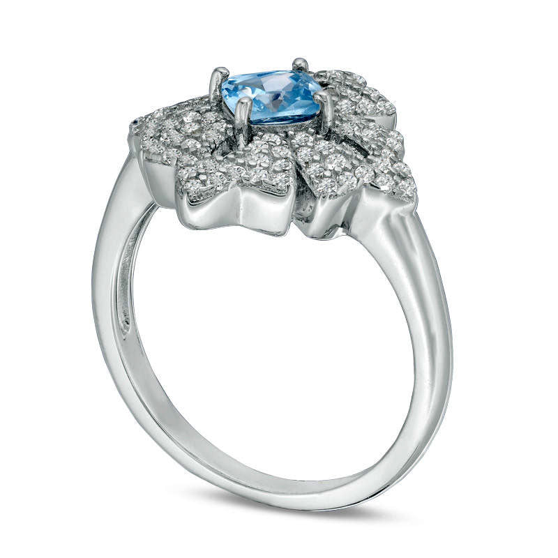 5.0mm Cushion-Cut Simulated Aquamarine and Lab-Created White Topaz Floral Ring in Sterling Silver