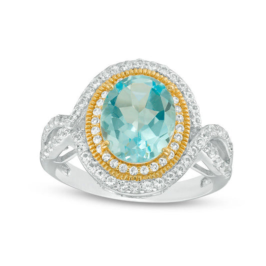 Oval Blue and White Topaz Antique Vintage-Style Twist Shank Ring in Sterling Silver and Solid 18K Gold Plate