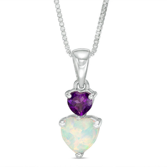 Heart-Shaped Lab-Created Opal and Amethyst Double Drop Pendant in Sterling Silver