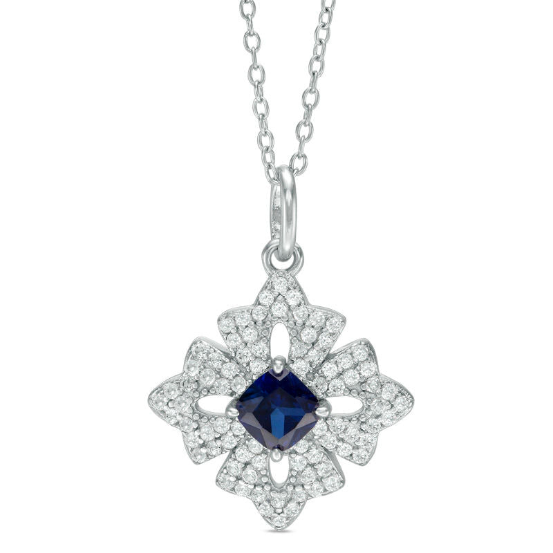 5.0mm Cushion-Cut Lab-Created Blue Sapphire and White Topaz Floral Pendant in Sterling Silver