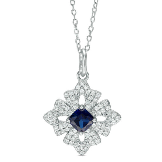 5.0mm Cushion-Cut Lab-Created Blue Sapphire and White Topaz Floral Pendant in Sterling Silver