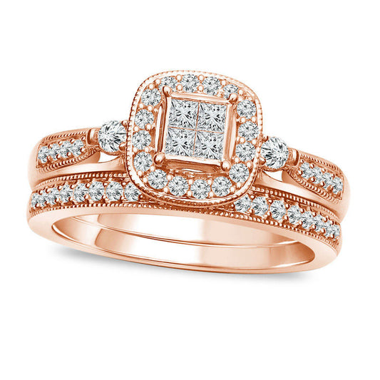 0.50 CT. T.W. Quad Princess-Cut Natural Diamond Frame Antique Vintage-Style Bridal Engagement Ring Set in Solid 10K Rose Gold