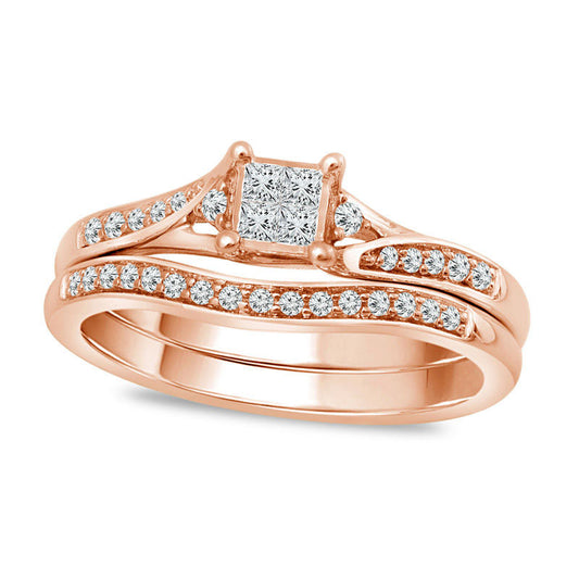 0.25 CT. T.W. Quad Princess-Cut Natural Diamond Bypass Bridal Engagement Ring Set in Solid 10K Rose Gold