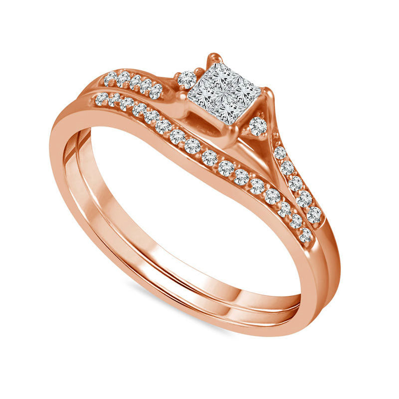 0.25 CT. T.W. Quad Princess-Cut Natural Diamond Bypass Bridal Engagement Ring Set in Solid 10K Rose Gold