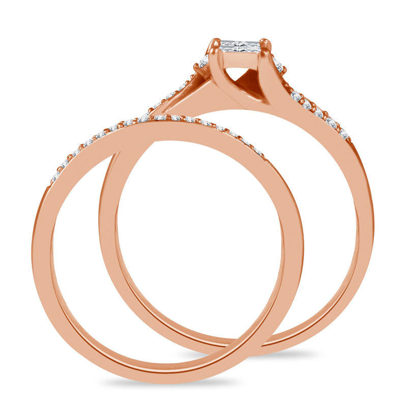 0.25 CT. T.W. Quad Princess-Cut Natural Diamond Bypass Bridal Engagement Ring Set in Solid 10K Rose Gold