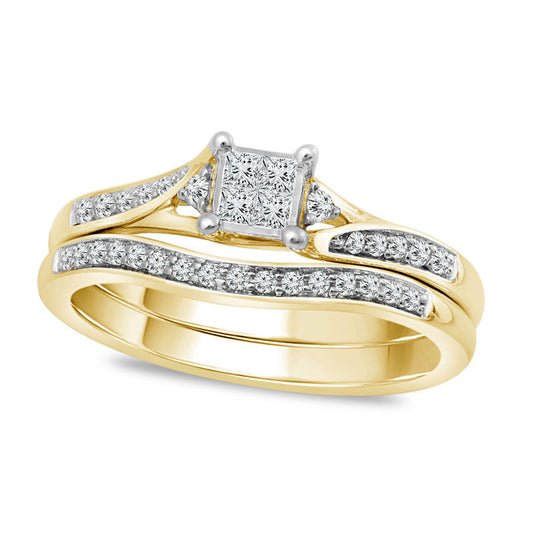 0.25 CT. T.W. Quad Princess-Cut Natural Diamond Bypass Bridal Engagement Ring Set in Solid 10K Yellow Gold