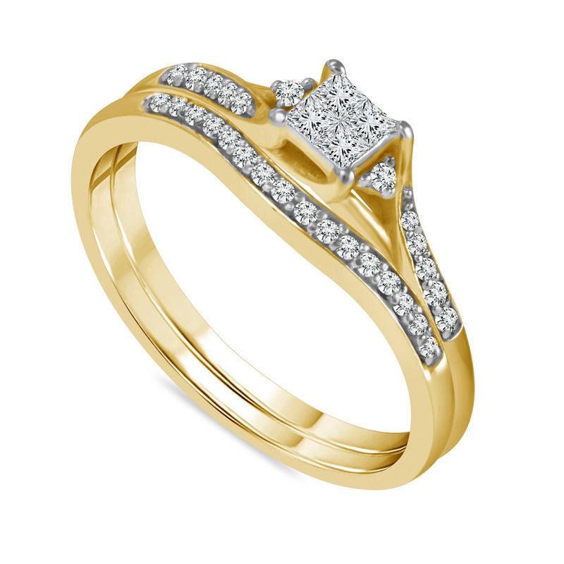 0.25 CT. T.W. Quad Princess-Cut Natural Diamond Bypass Bridal Engagement Ring Set in Solid 10K Yellow Gold