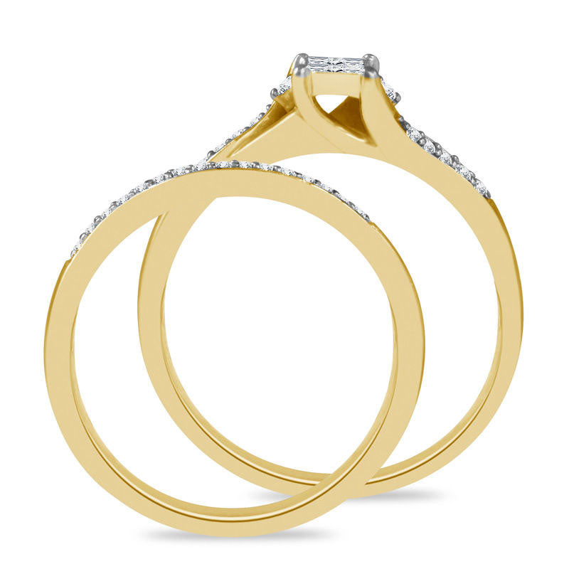 0.25 CT. T.W. Quad Princess-Cut Natural Diamond Bypass Bridal Engagement Ring Set in Solid 10K Yellow Gold