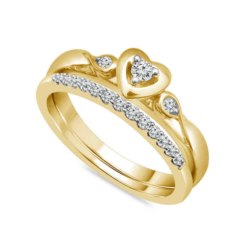 0.20 CT. T.W. Natural Diamond Heart Bridal Engagement Ring Set in Solid 10K Yellow Gold