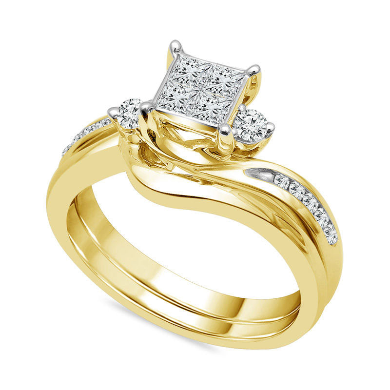 0.50 CT. T.W. Quad Princess-Cut Natural Diamond Bypass Bridal Engagement Ring Set in Solid 10K Yellow Gold