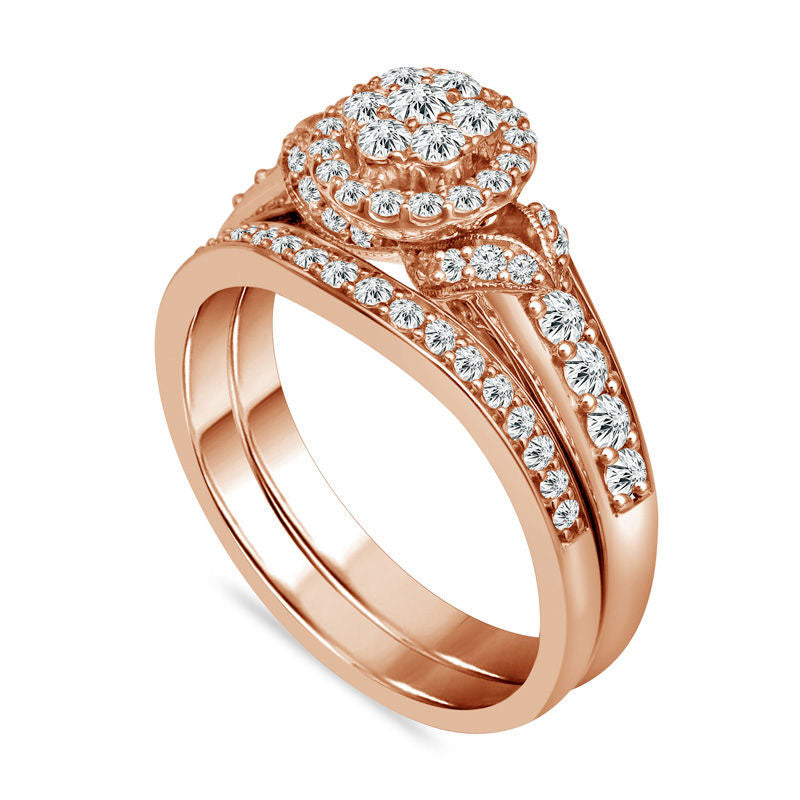 0.75 CT. T.W. Composite Natural Diamond Frame Antique Vintage-Style Bridal Engagement Ring Set in Solid 10K Rose Gold