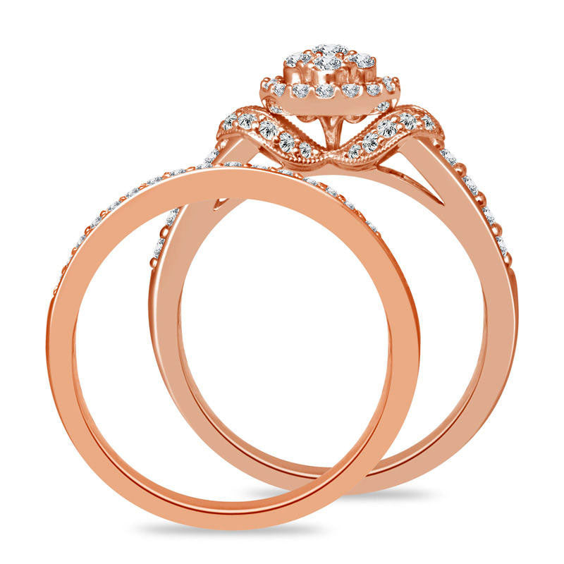 0.75 CT. T.W. Composite Natural Diamond Frame Antique Vintage-Style Bridal Engagement Ring Set in Solid 10K Rose Gold