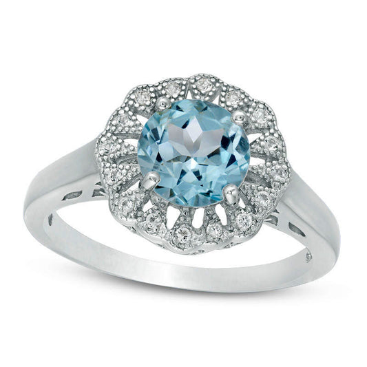 7.0mm Blue and White Topaz Antique Vintage-Style Frame Ring in Sterling Silver