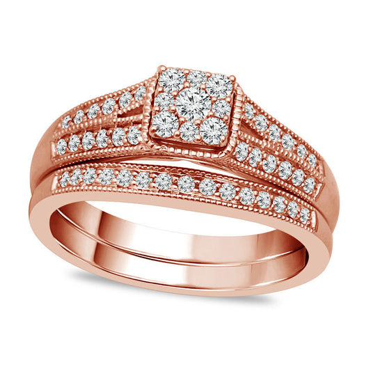 0.50 CT. T.W. Composite Natural Diamond Squared Antique Vintage-Style Bridal Engagement Ring Set in Solid 10K Rose Gold