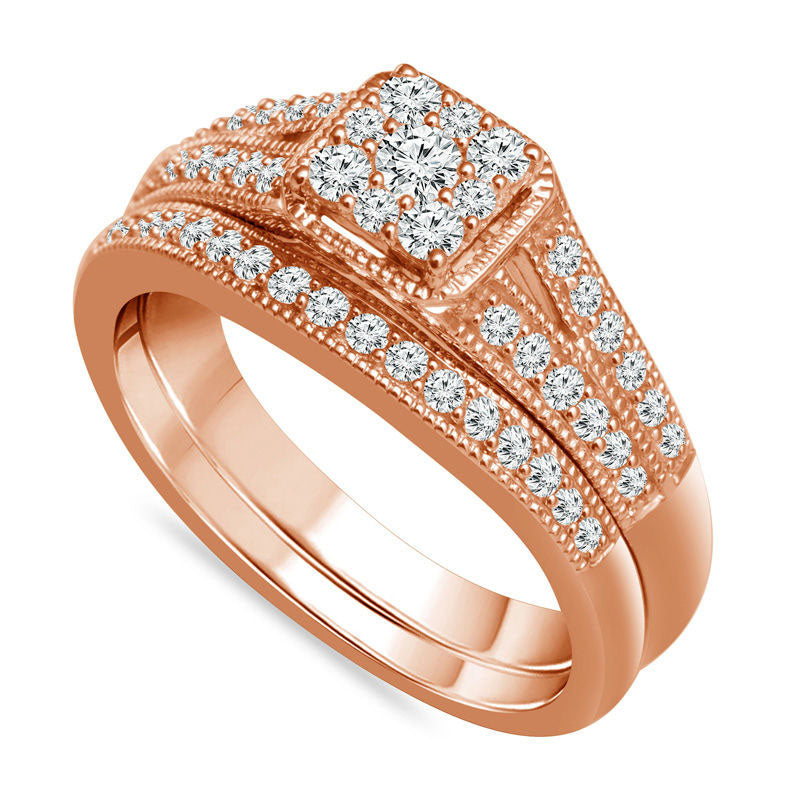 0.50 CT. T.W. Composite Natural Diamond Squared Antique Vintage-Style Bridal Engagement Ring Set in Solid 10K Rose Gold