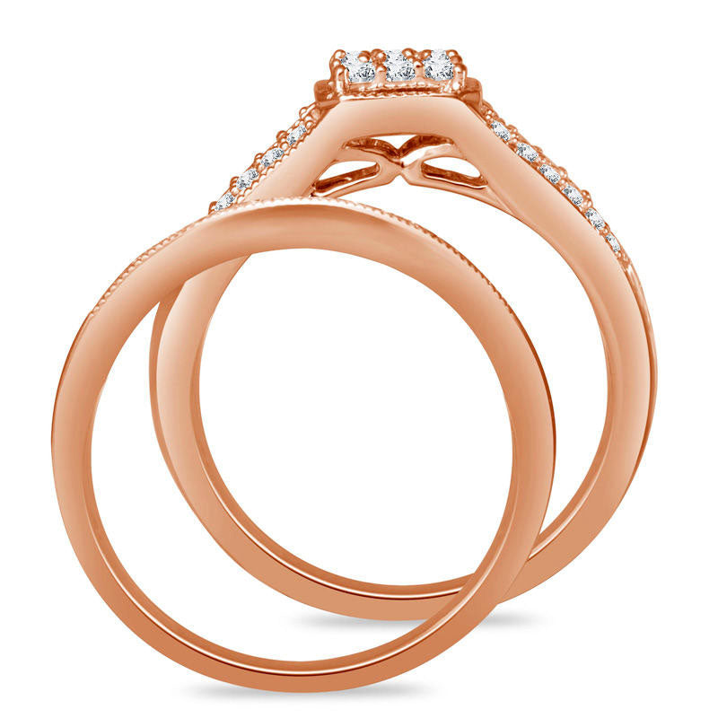 0.50 CT. T.W. Composite Natural Diamond Squared Antique Vintage-Style Bridal Engagement Ring Set in Solid 10K Rose Gold