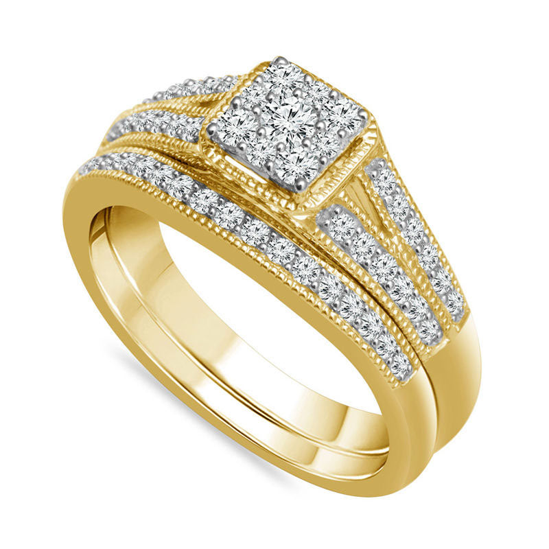 0.50 CT. T.W. Composite Natural Diamond Squared Antique Vintage-Style Bridal Engagement Ring Set in Solid 10K Yellow Gold