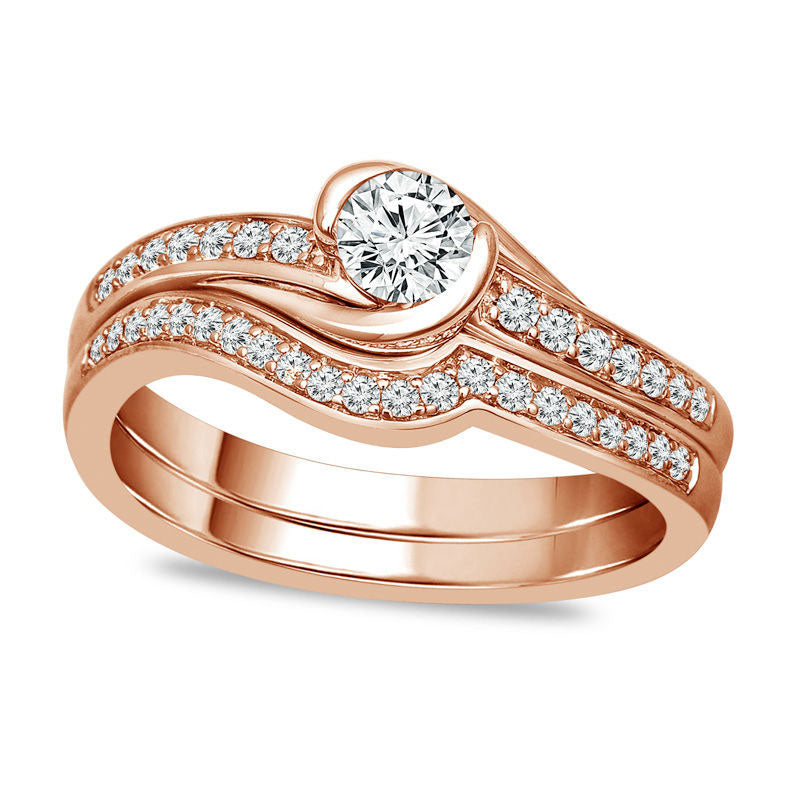 0.50 CT. T.W. Natural Diamond Swirl Bypass Bridal Engagement Ring Set in Solid 10K Rose Gold