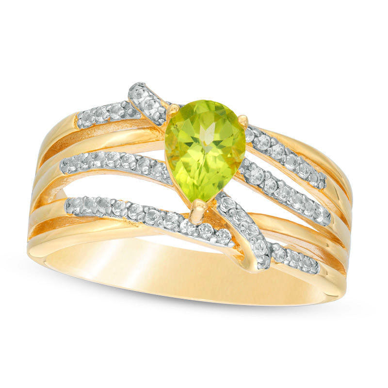 Pear-Shaped Peridot and White Topaz Multi-Row Overlay Ring in Sterling Silver with Solid 18K Gold Plate