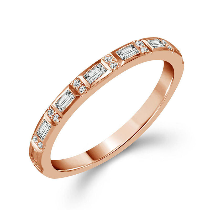 0.17 CT. T.W. Baguette and Round Natural Diamond Alternating Stackable Band in Solid 10K Rose Gold