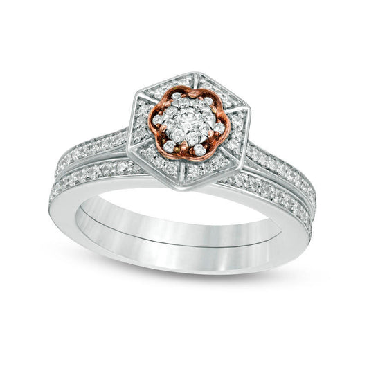 0.50 CT. T.W. Natural Diamond Flower and Hexagon Frame Bridal Engagement Ring Set in Solid 10K Two-Tone Gold