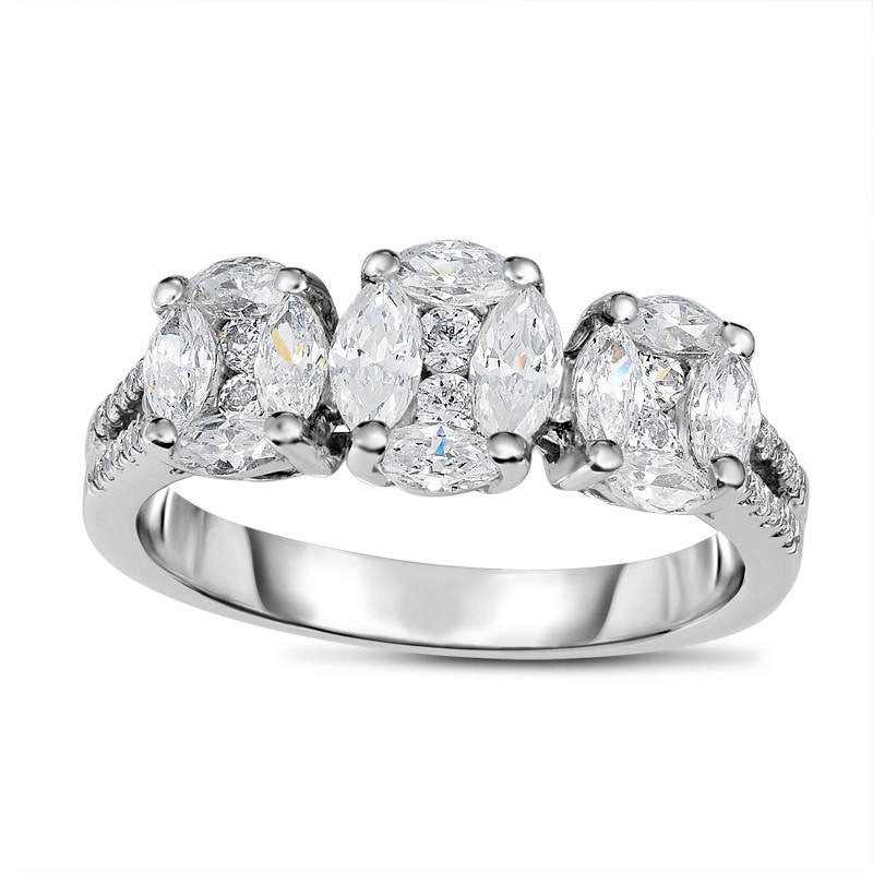 1.0 CT. T.W. Marquise and Princess-Cut Composite Natural Diamond Three Stone Engagement Ring in Solid 14K White Gold