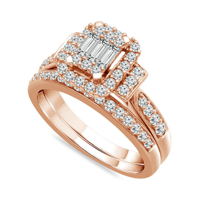 0.75 CT. T.W. Composite Natural Diamond Rectangle Frame Collar Bridal Engagement Ring Set in Solid 10K Rose Gold