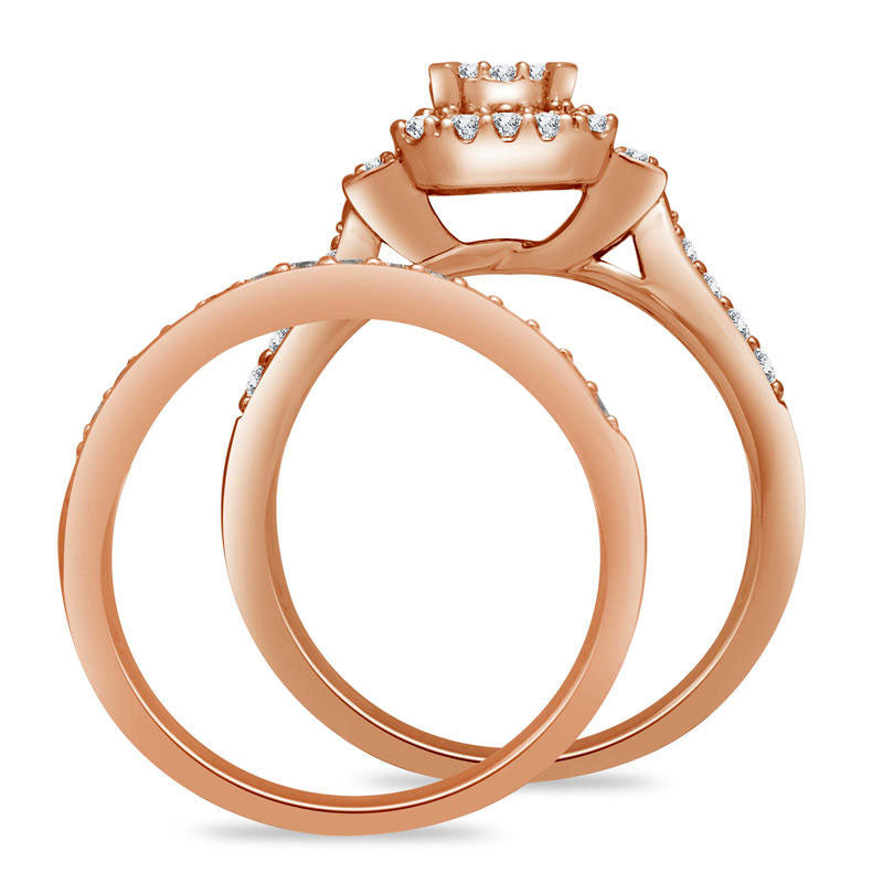 0.75 CT. T.W. Composite Natural Diamond Rectangle Frame Collar Bridal Engagement Ring Set in Solid 10K Rose Gold