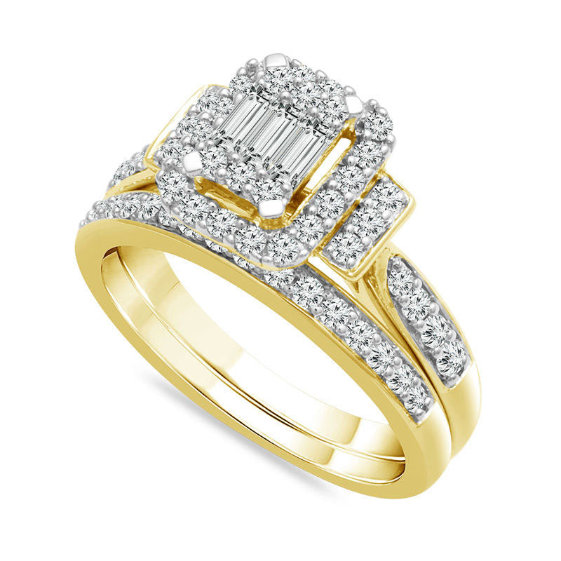 0.75 CT. T.W. Composite Natural Diamond Rectangle Frame Collar Bridal Engagement Ring Set in Solid 10K Yellow Gold