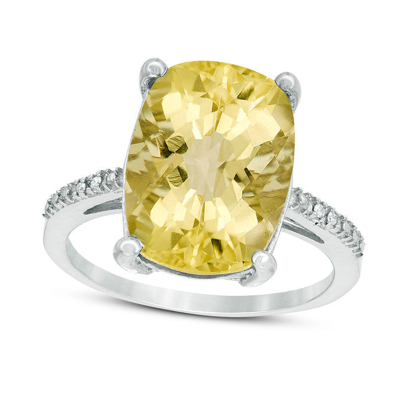 Cushion-Cut Yellow Quartz and Natural Diamond Accent Ring in Sterling Silver