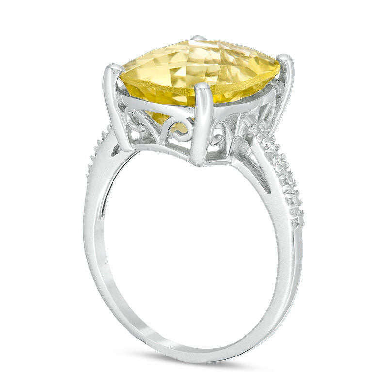 Cushion-Cut Yellow Quartz and Natural Diamond Accent Ring in Sterling Silver